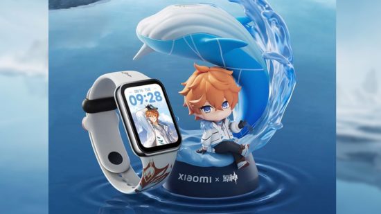 Genshin Impact Xiaomi Smart Band 8 Pro: A promotional image of the Childe wireless charger shaped like him and his whale plus the smart band itself with a Childe clock face on a dark blue pool of arctic water. This image is pasted onto a different blurred promo image with icy blue motifs