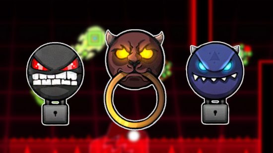 Geometry Dash 2.2 vault codes: The three padlocks and door knockers of the secret vaults of the game outlined in white and pasted on a blurred screenshot of the secret level 'The Challenge'