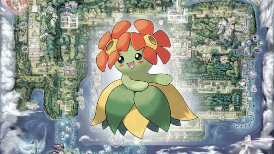 Glomm evolution - Bellossom in front of a map of Kanto