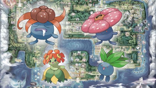 Gloom evolution - Oddish, Gloom, Vileplume, and Bellossom in front of a map of Kanto