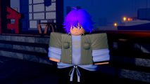 Grand Kaizen codes - a player character with purple hair, a khaki jacket, and a white shirt with the PT logo standing in front of a dojo