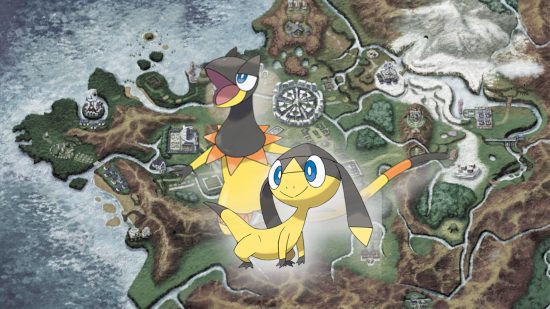 Helioptile evolution - Helioptile and Heliolisk in front of a map of Kalos
