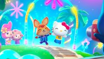 Hello Kitty Island Adventure Lighttime Jubilee: A zoomed-in version of the update key art featuring Hello Kitty and a player character dancing through a light arch with My Melody and My Sweet Piano in the background