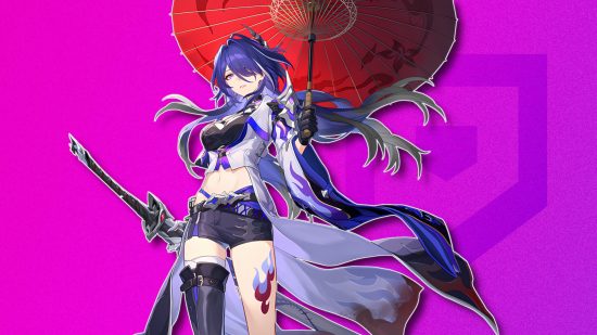 Honkai Star Rail's Acheron holding a red parasol and her katana, outlined in white and pasted on a lightning-purple PT background
