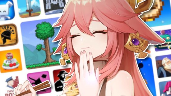 Hoyoverse games are too good - Yae munching on a piece of tofu and looking very pleased with herself, with multiple tiles showing different games in the background