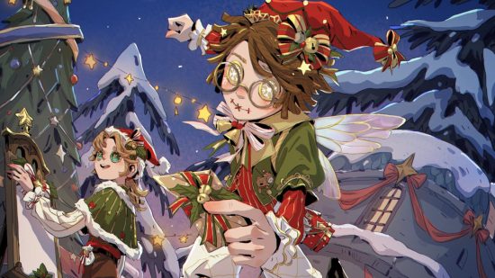 Identity V Christmas: Key art from the Christmas update featuring the Postman in Christmas elf attire