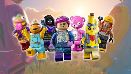 Knotroot Lego Fortnite: A group of Lego Fortnite chraacters walking in front of a sun set