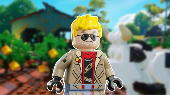 Custom image for Lego Fortnite Flexwood guide with a Lego Fornite character with shades on over a farmyard background