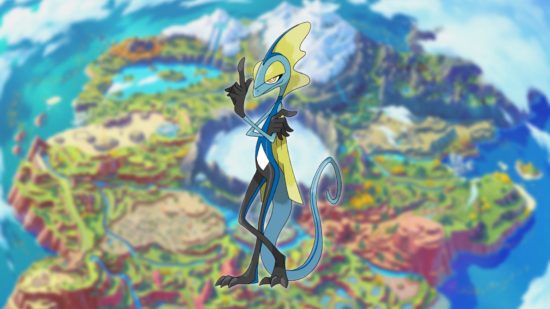 Inteleon, a tall blue lizard Pokemon, on a map of Paldea