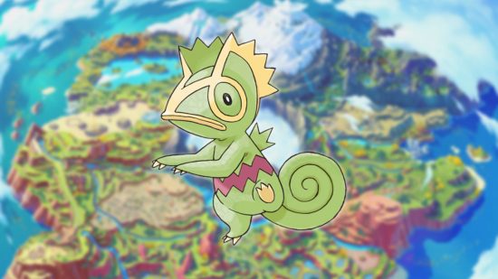 Kecleon the chameleon, a lizard Pokemon, on a map of Paldea