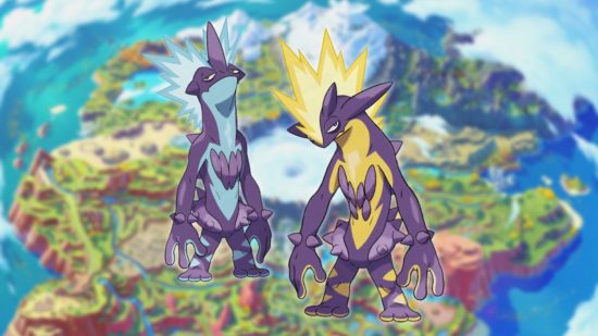 Two Toxtricity lizard Pokemon on a map of Paldea