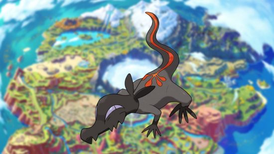 Salandit, a black and red lizard Pokemon, on a map of Paldea