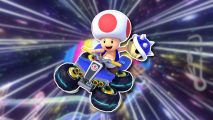 Mario Kart 8 Deluxe Booster Course review: Toad driving a kart and holding a blue shell, outlined in white and pasted on a blurred Rainbow Road screenshot