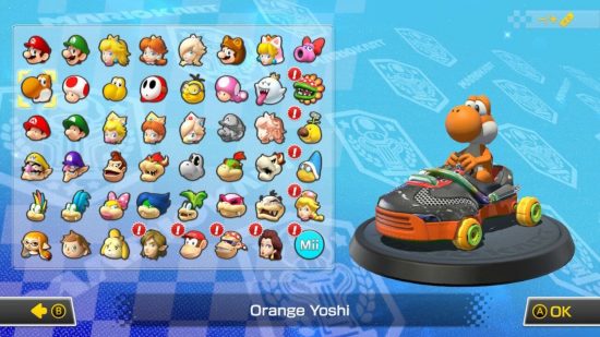 Mario Kart 8 Deluxe Booster Course review: The character select screen showing the full selection of characters included in the game and DLC. I have chosen Orange Yoshi