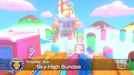 Mario Kart 8 Deluxe Booster Course review: A screenshot of the opening vista of Sky-High Sundae, an ice cream themed level