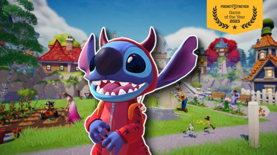 Mobile games of the year - Stitch against a blurry background from Disney Dreamlight Valley