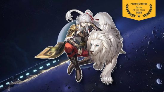 Mobile games of the year - Jing Yuan from Honkai Star Rail with a lion against a background with a train traveling through space