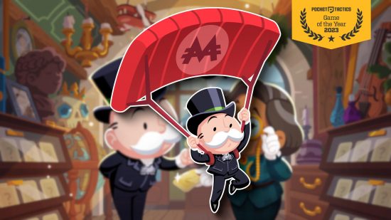 Mobile games of the year - the Monopoly Man flying into a blurry image on a red parachute