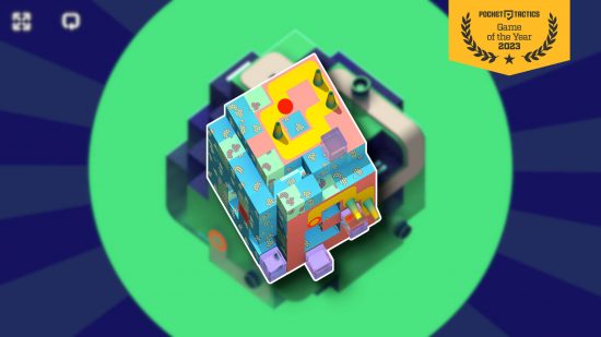 Mobile games of the year - a quirky cube against a blurred green and blue background