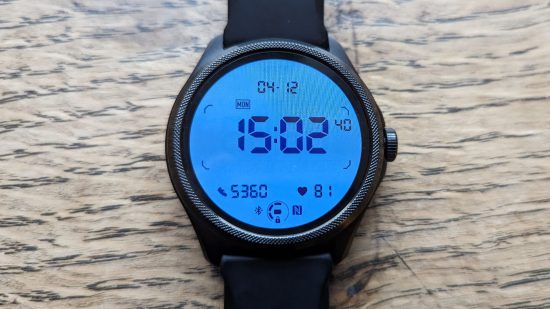 Custom image of the old school digital clock face on the watch for Mobvoi Ticwatch Pro 5 review