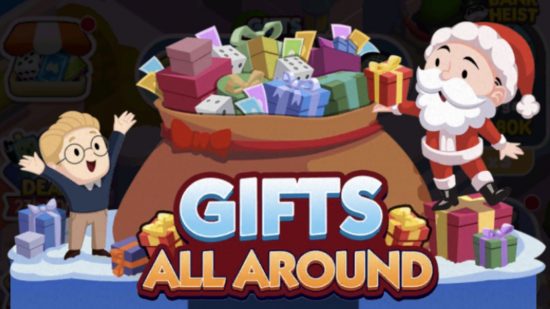 Screenshot of in-game title for Monopoly Go Gifts All Around event with the Monopoly Man dressed up as Santa Claus