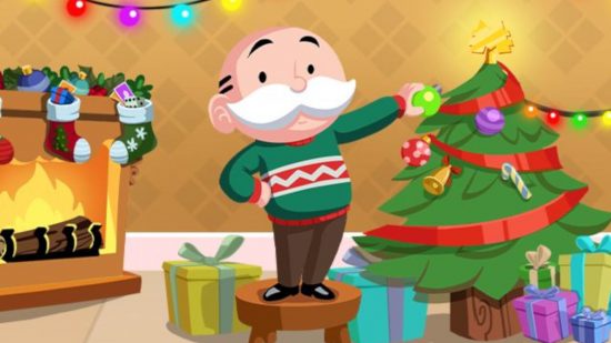 Screenshot of the Monopoly Man putting up his festive tree for Monopoly Go Twinkle Tree rewards guide