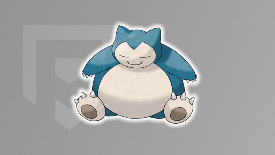 Munchlax evolution: Snorlax in front of a light grey PT background