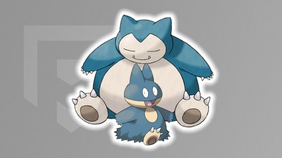 Munchlax evolution: Snorlax and Munchlax in front of a light grey PT background