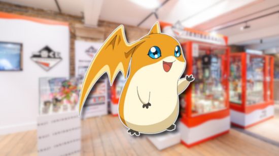 New Bandai Namco stores: A blurred photo of a Bandai ichibankuji store with a picture of Patamon outlined in white pasted on top