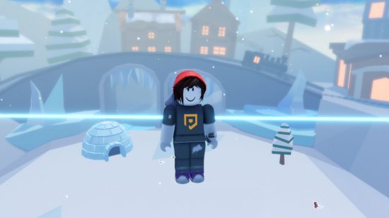 Blade Ball codes - a player character standing on a clear platform waiting for a new Blade Ball game to start, with a snowy landscape behind them showing an igloo, a train, and some houses