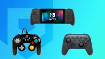 Nintendo Switch Controller Drifting? Try these alternatives, the Hori Split Pad Pro, the Switch GameCube controller, and the Switch Pro controller, all pictured in a triangle formation.