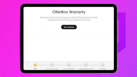 Otterbox warranty: A tables showing the warranty process screen on a PT purple background