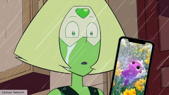 Peridot bad AR game: A screenshot of Peridot the gem from Steven Universe crying in the rain while looking at a pasted-in iPhone displaying a promotional image for Peridot, the mobile game