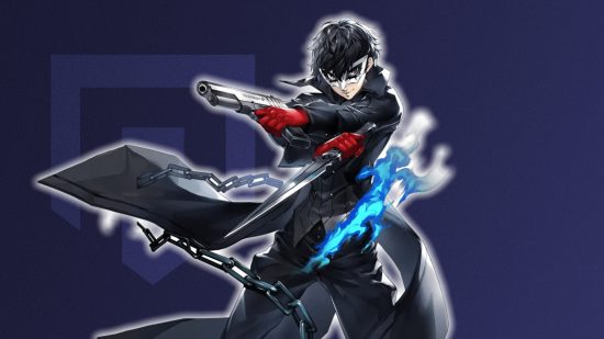 Persona 6 Switch: Joker from P5 posing with his gun in front of a midnight purple background