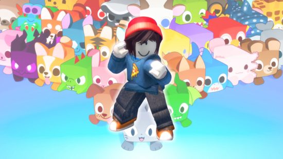 Pet Simulator 99 codes: A roblox avatar in front of a horde of pets