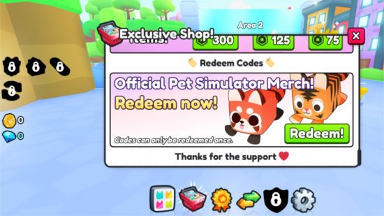 Pet Simulator 99 codes redemption screen