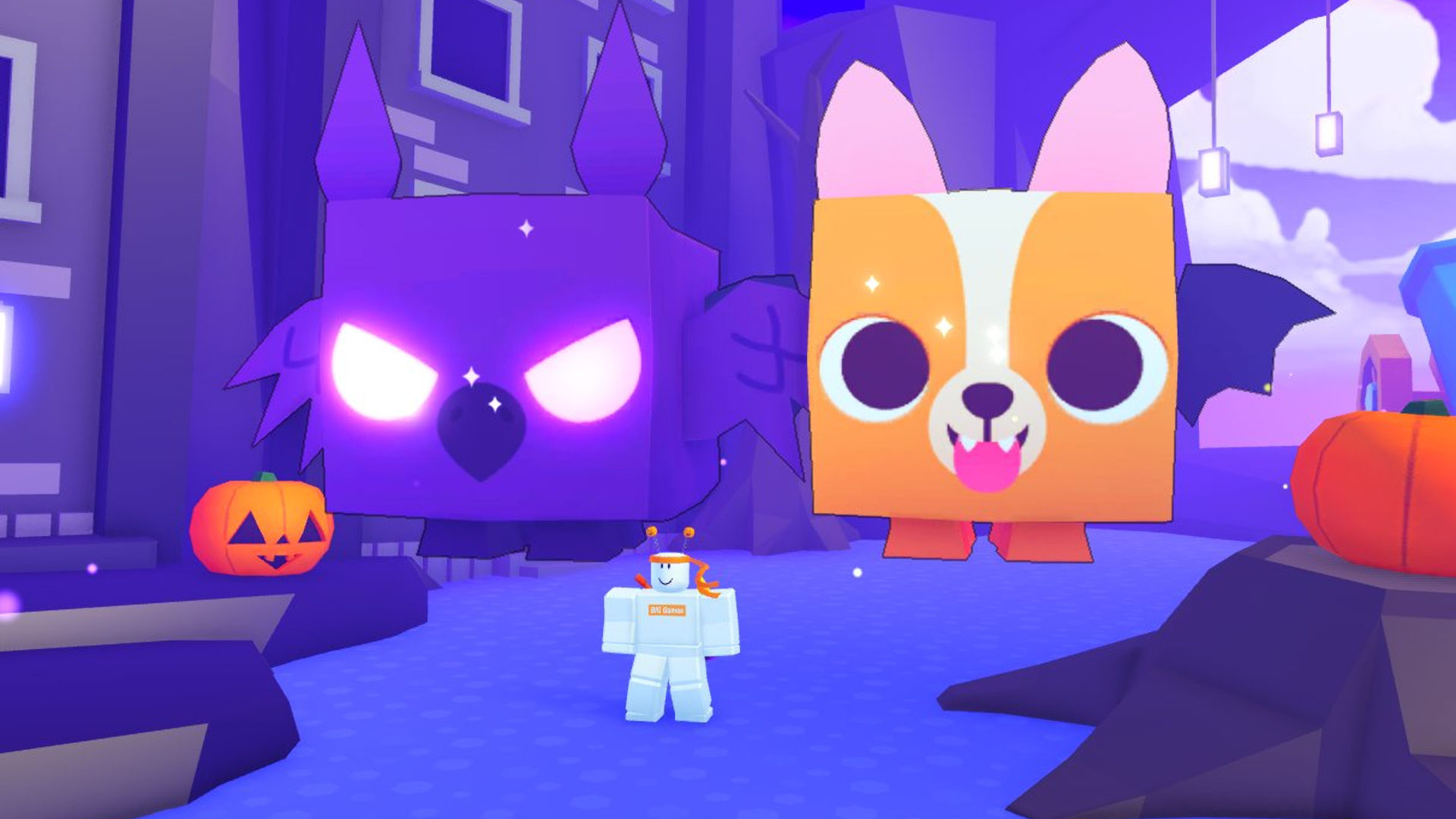 Pet Simulator 99 values - two giant pets behind a player character