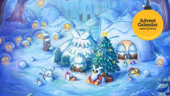 A snowy scene that shows a sleeping Pikachu with his friends