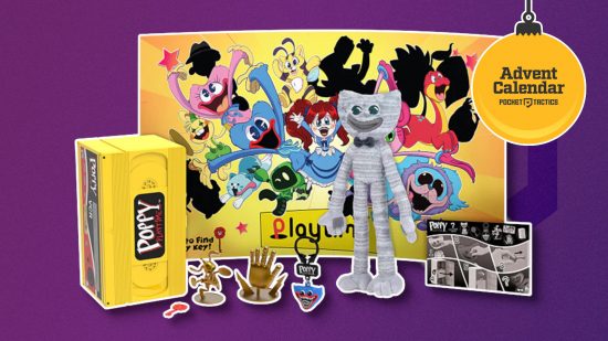 Poppy Playtime giveaway items featuring a Huggy Wuggy plushie