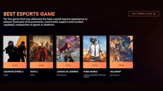 PUBG Mobile Esports 2024: A screenshot of TGA's website showing PUBG Mobile nominated alongside Valorant, LoL, DOTA 2, and CS:GO