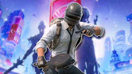 PUBG Mobile Esports 2024: The PUBG guy holding a gun and a frying pan, outlined in white and pasted on a blurred PUBG Mobile promotional image