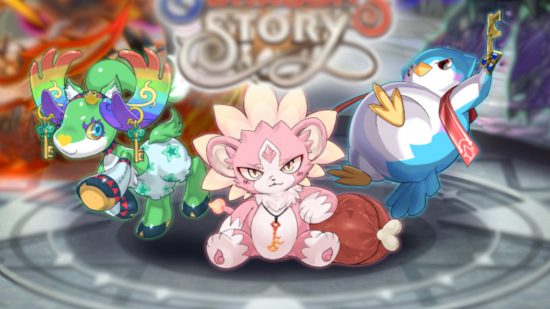 Puzzle and Dragons Story release date: An image of three cute creatures from the game with blurred edges