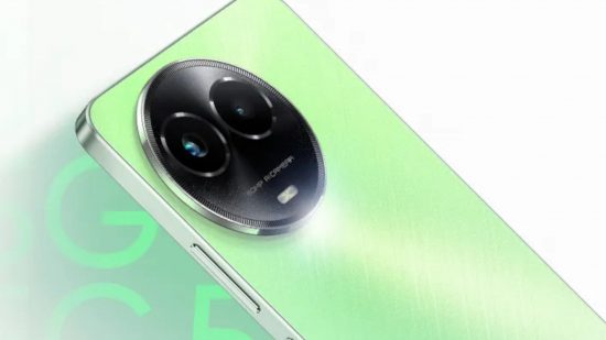 Screenshot of the green Realme C67 5G phone showing the camera bezel for news on the launch