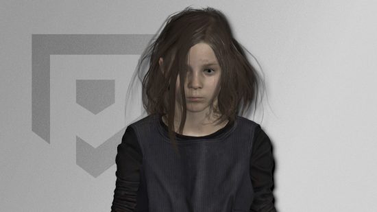 Resident Evil's Eveline in front of a black and white Pocket Tactics background