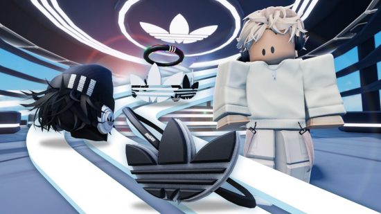 Press image of two of the available Roblox Adidas items next to a Roblox avatar