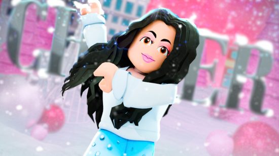 Roblox Cher: Cher's Roblox avatar surrounded by pink glittery snow on a blurred background