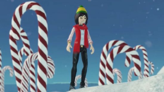 Screenshot of a Roblox character with an elf hat on in the Roblox Elf North Pole Workshop game