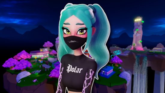 Roblox Polar concert: Polar, the virtual pop star who looks like a Bratz version of Hatsune Miku wearing a black face mask, outlined in white and pasted on a screenshot from Club Blox.