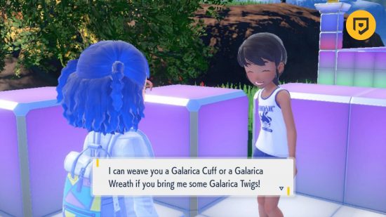 Slowpoke evolution: A screenshot of Daz's blue-haired Pokemon character talking to the Galarica Twig girl in the Coastal Plaza