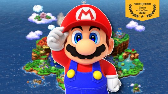 Switch games of the year - Mario with his hand on his cap against a blurred map from Super Mario RPG